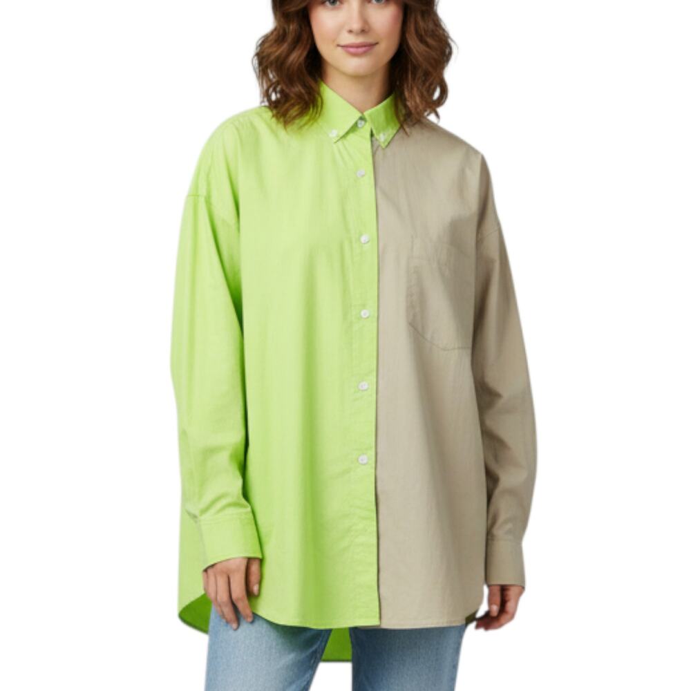BLANCA Shirt NWT One Size Green Tan Oversized Button Up Long Sleeve Fits XS/S